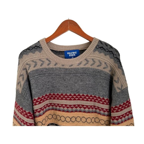 Elfric Eden Knit Sweater M Nordic Pattern Beige Gray Red Pullover Unisex Wool Bl - Picture 3 of 11